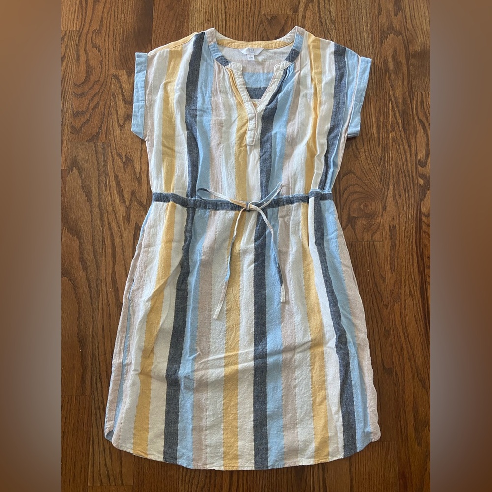 Linen Striped Pastel Casual Dress with Tie Waist Cap Sleeves Size Small